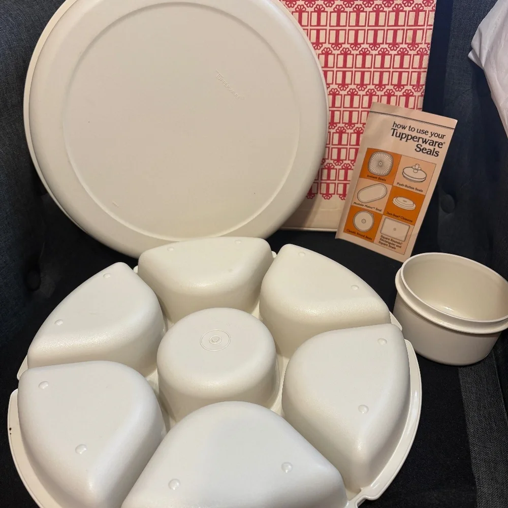 1982 TUPPERWARE  Divided Serving Tray Dip Bowl & Lid Set Almond #1665 & Box NOS
